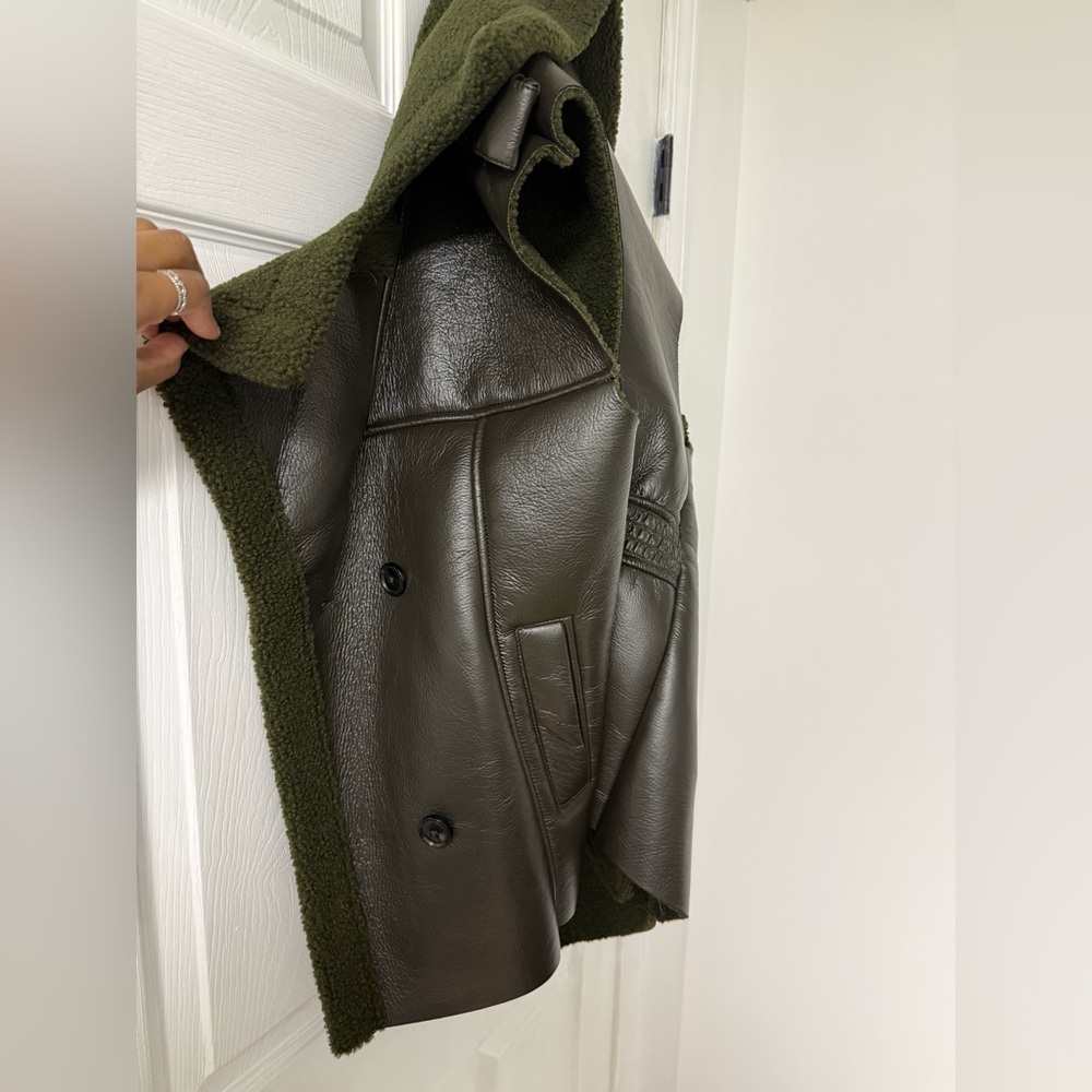 Olive Green Double-Breasted Faux Leather Vest